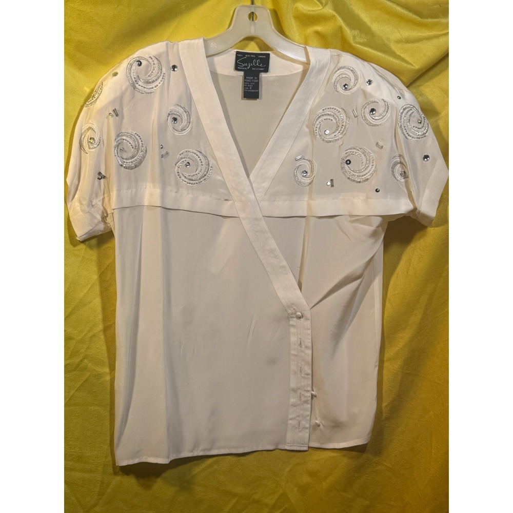 Suzelle Montreal Vintage 100% Silk Beaded Sequin Blouse Ivory White Size 6
